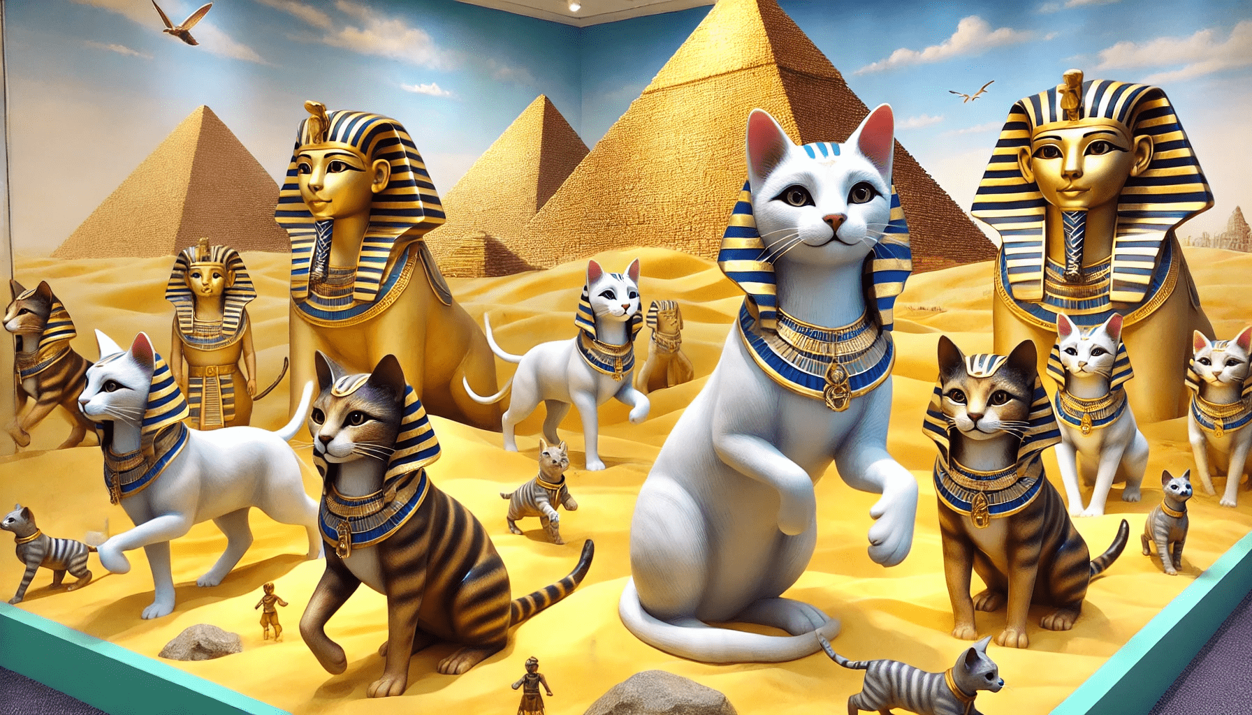 DALL·E 2024 10 17 11.43.38 A vibrant scene for a children's workshop, featuring realistic Egyptian style cats with sleek, elegant bodies, some adorned with ancient Egyptian coll